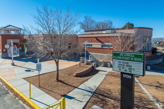 Lowell Elementary School street sign and front entrance.