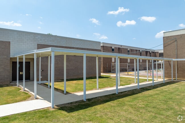 Covered walkways at Sheffield Elementary in Memphis help keep students dry on rainy days.