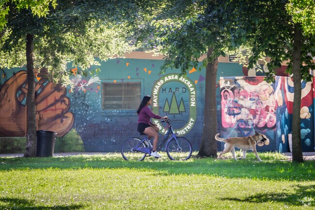 Murals painted on walls at the park add vibrant color and artistic flair to the community space.