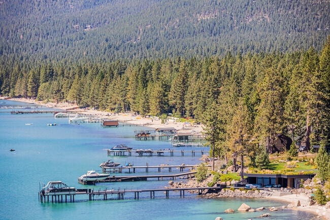 Large estates extend their piers from the coast of Incline Village.