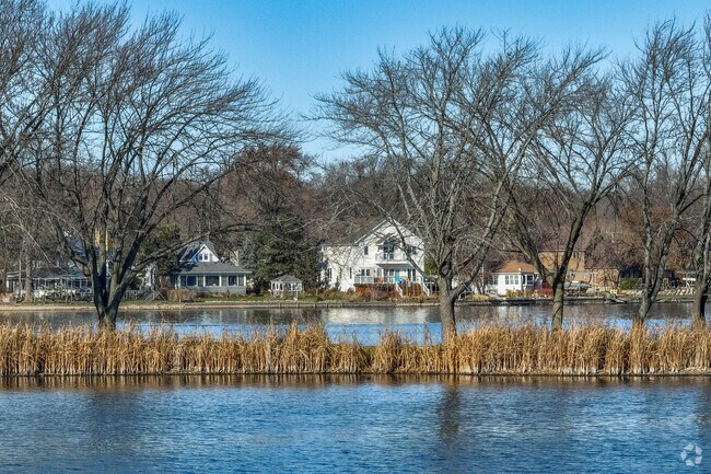 Row of homes hidden behind the cat tails in the Pistakee lake within East Johnsburg.