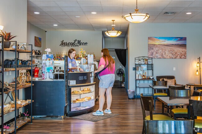 In Manhattan, Harvest Moon Coffee Shoppe serves coffee and pastries near Gallatin River Ranch.