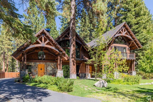 A large mountain home with arched trusses and timber frame in the heart of Incline Village.
