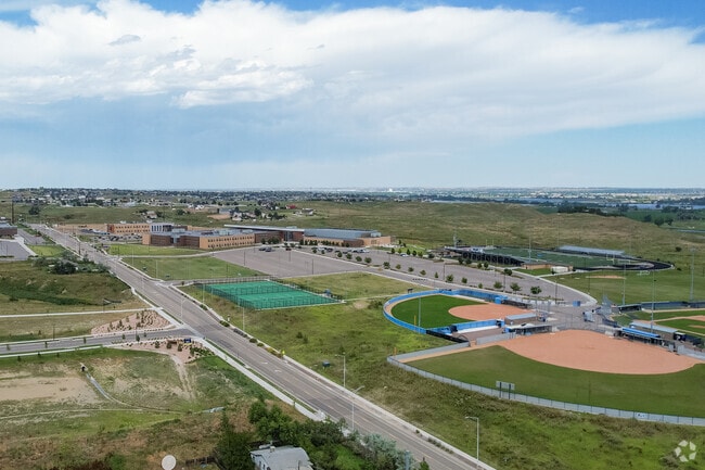 An overview of the campus at Riverdale Ridge High School in Thornton, Colorado.