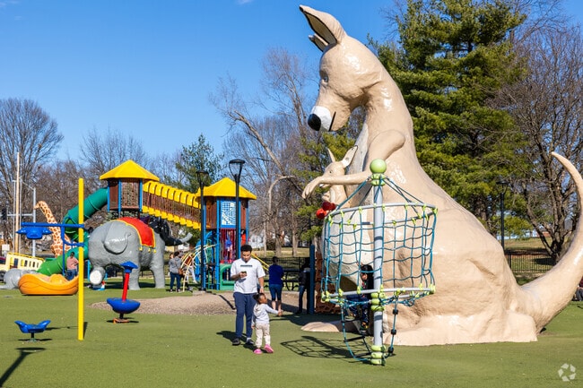 The statues at Penguin Park are interactive and there are slides in some of them.