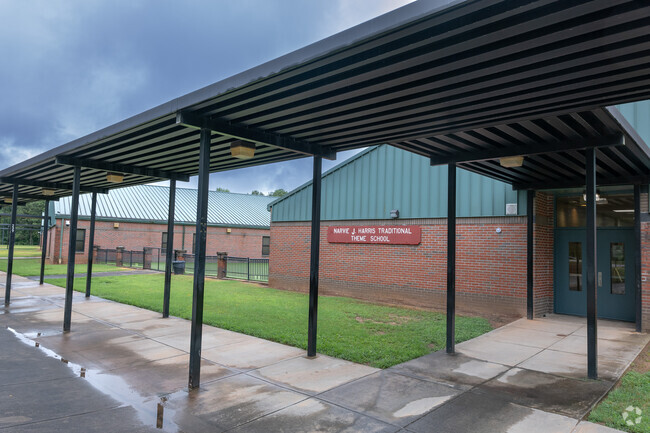 The main entrance to Narvie Harris Elementary School in Southeast DeKalb, Decatur, GA.