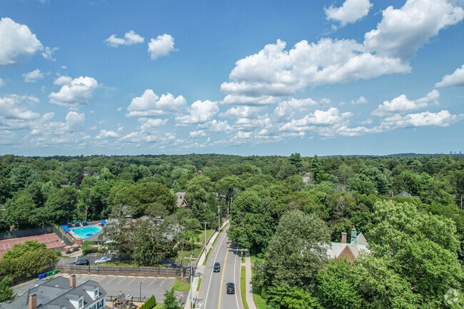 The town of Waban overview of green space from Beacon Street.
