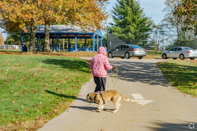 Dog lovers take a stroll on one of many paths in Walton Community Park.