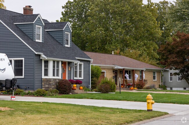 Looking down the street at the large homes with beautiful yards in the Blackhawk neighborhood.