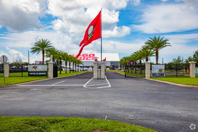 The Buccaneers huge flag flies high in the Stadium Area of Tampa.
