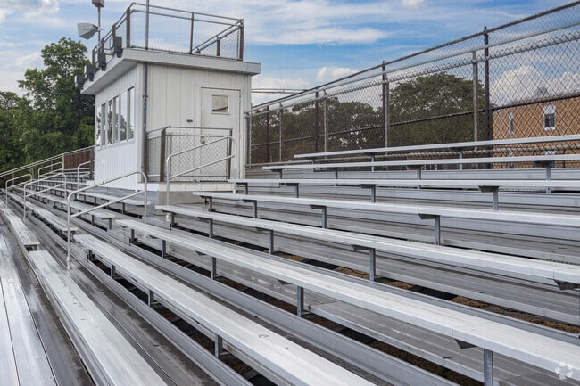 There are bleachers on the athletic fields at George W Hewlett High School in Hewlett, NY.