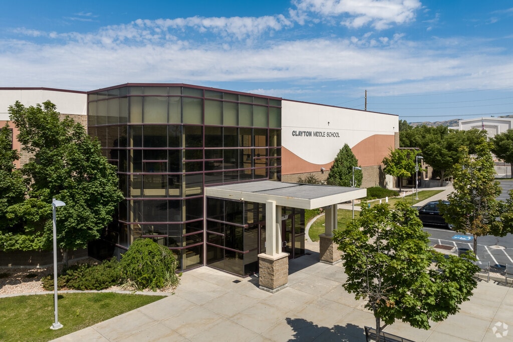 A two story glass entryway at Clayton Middle School.