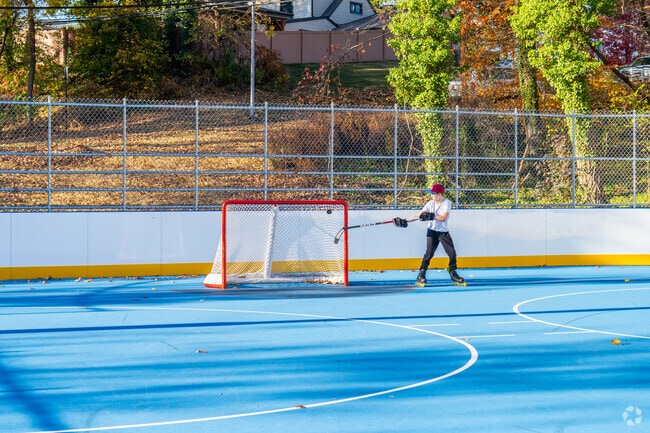 Kids practice their game at the skating rink at Forsythia Crossing Park.