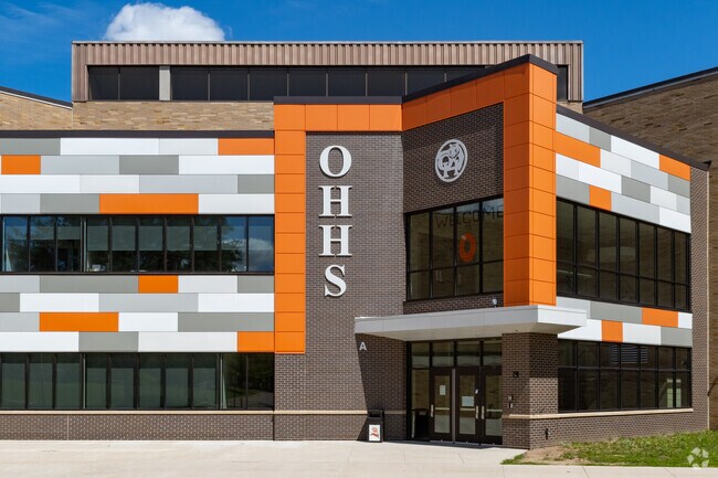 The front entrance of Ottawa Hills High School offers very vibrant and welcoming colors.