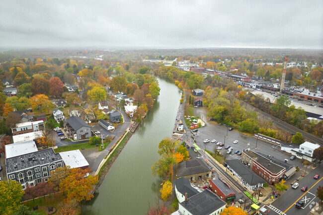 Aerial view of Fairport on the Erie Canal facing west.