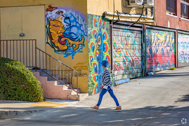 A resident views artwork in Barrio Logan.