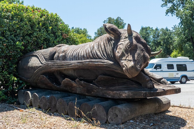 This carved redwood rhino by Felton artist Cliff Short brings local wildlife charm to town, blending natural sculpture with mountain community pride.