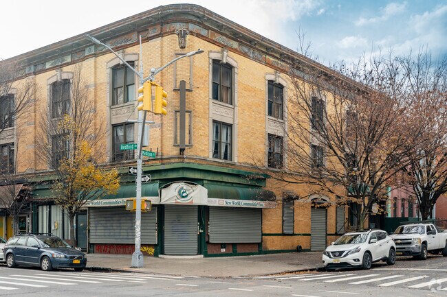 A view of the Clara Muhammad School of Masjid building along Bedford Ave.