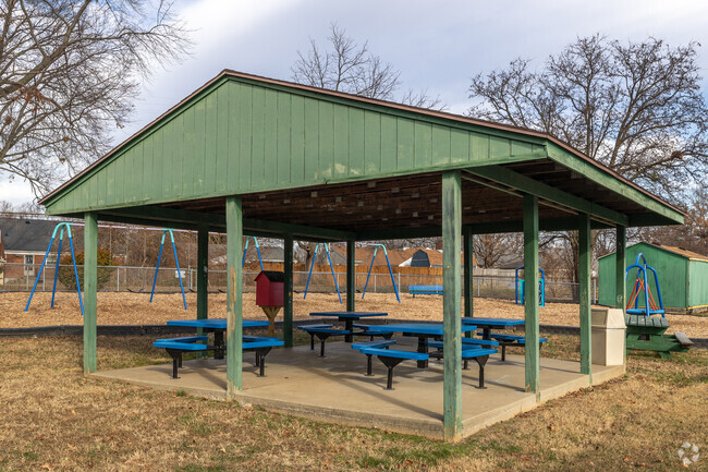 The students of the Binet School can enjoy an outside lunch under the pavilion.