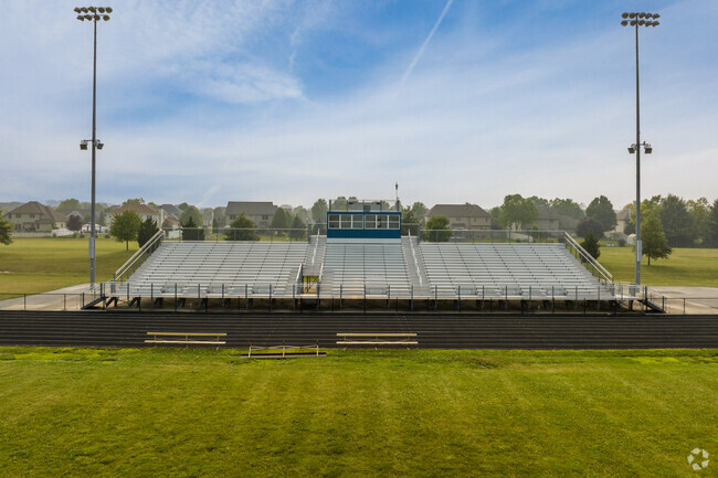 Clark Middle School track and football field stands and press box, Schererville, IN.