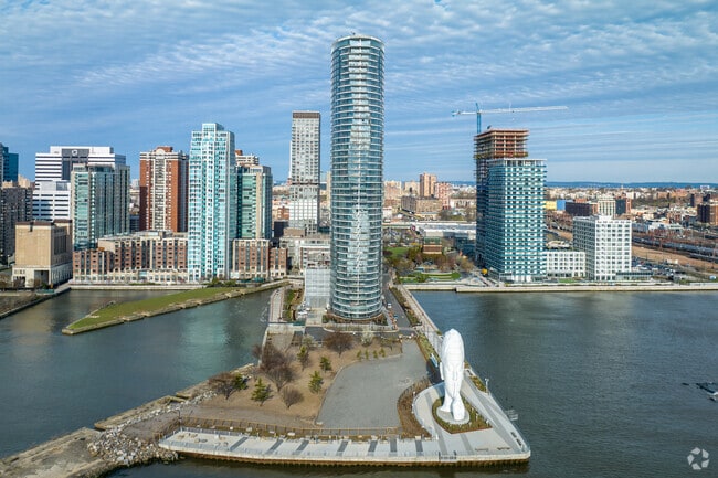 An aerial view of Sculpture Park and waterfront high-rises in The Waterfront in Jersey City.