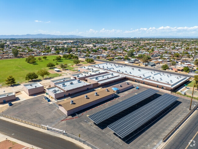 The parking lot at Peralta School is covered by solar panels to provide shade and energy.