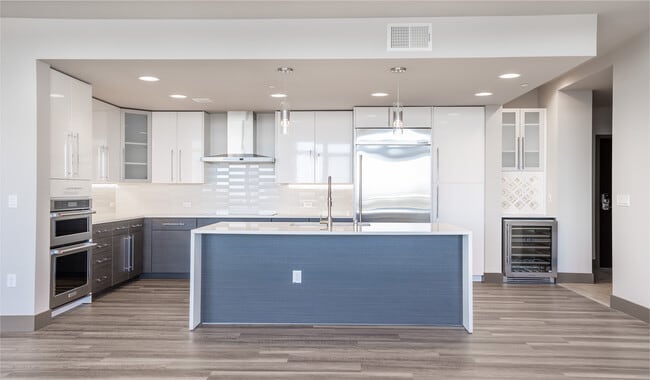 Quartz countertops, designer cabinets, stainless steel appliances and wine refrigerator in brand-new kitchen