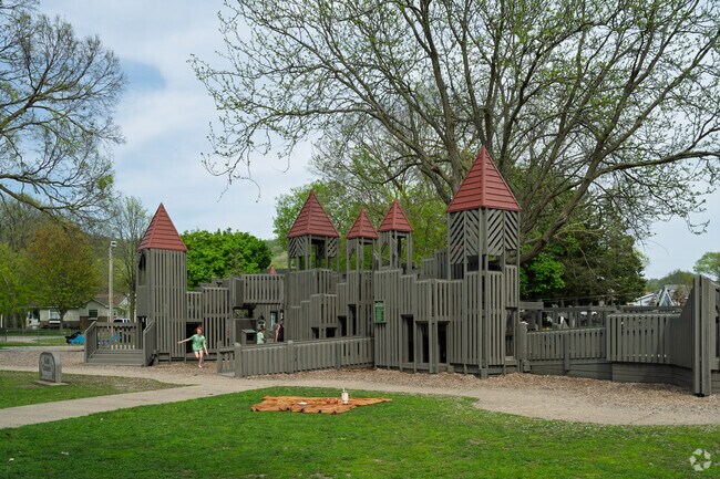 The playground at Myrick Park looks like a wooden castle.