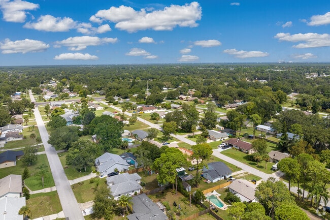 Florida Shores homes are dotted along narrow streets with lush green yards.