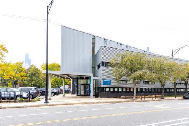 Wide sidewalks surround Perspectives Charter School.
