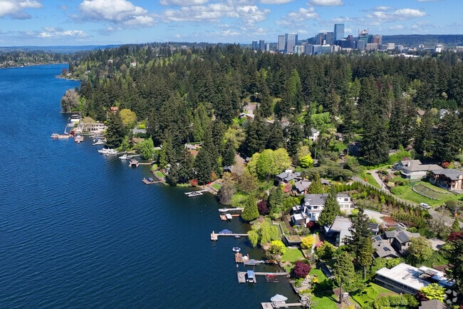 The Enatai neighborhood is lush with greenery and close to Lake Washington.
