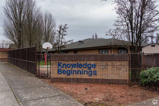 Signage and baskball hoops next to Vancouver Knowledge Beginnings.