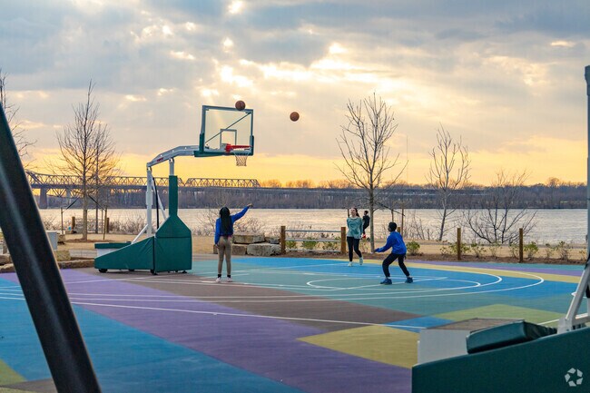 The newly redesigned Tom Lee Park in South Main features riverside basketball courts.