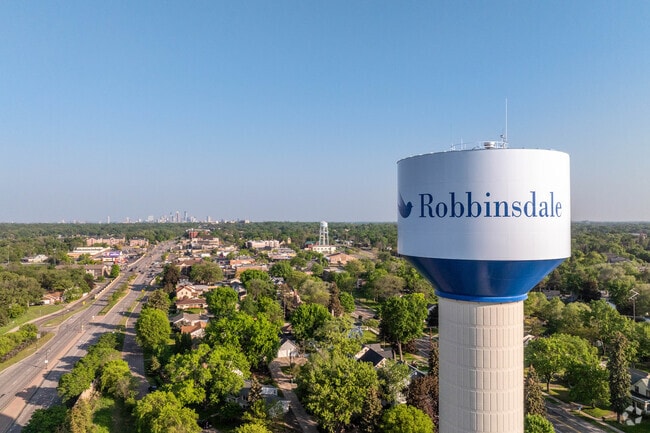 The water tower on the north end of town welcomes people into Robbinsdale.