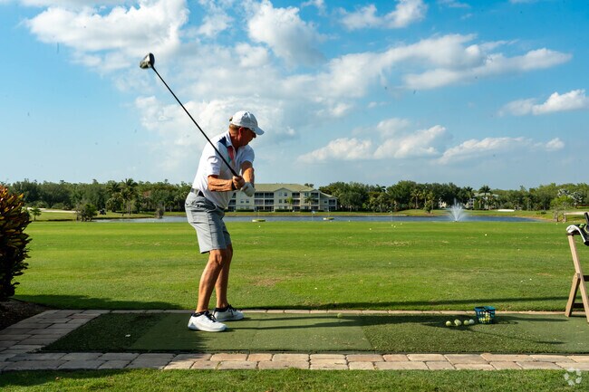 The driving range at Legends features water floating greens.