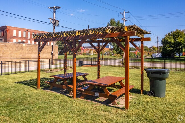 Botanical Heights neighborhood park features benches to enjoy a picnic on a sunny day.