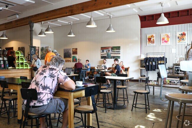 Noble Coffee Roasting is full of people studying everyday of the week in Railroad District.