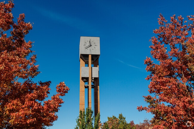 Mature trees with red leaves frame this clock tower in Mount Ogden.