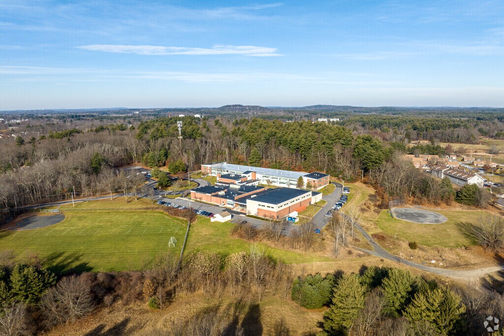 An aerial overview of the John W. Wynn Middle School and it's campus in Tewksbury, MA.
