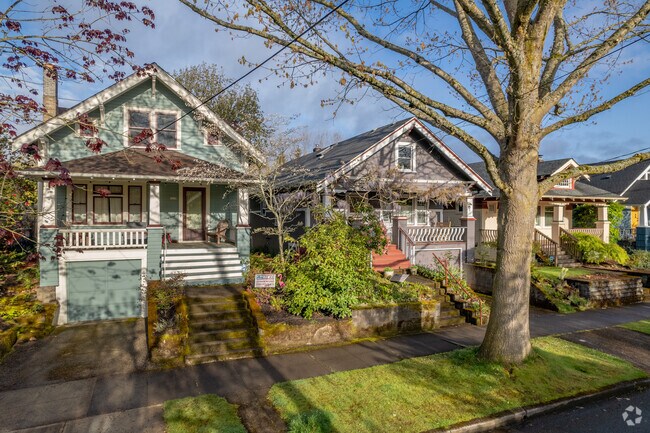 Bungalow of two story homes in a neighborhood in Richmond, Portland, Oregon.