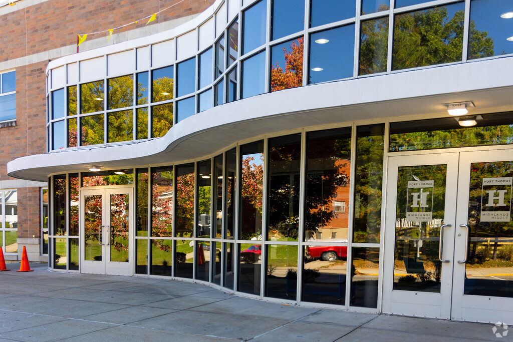 The Highlands Middle School has a beautiful glass front entrance.