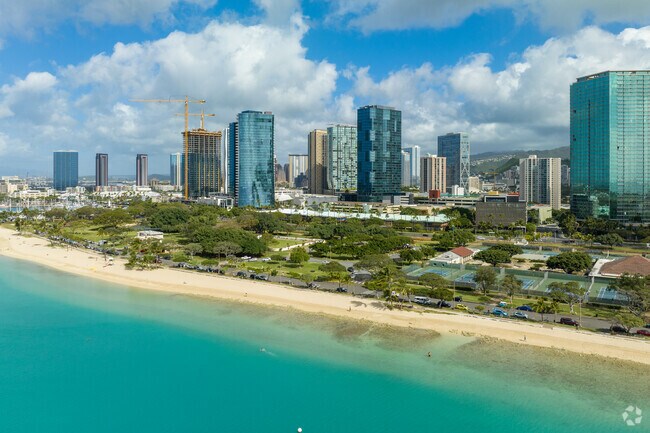 Kaka’ako is home to tall apartment and condo buildings with views of the Pacific Ocean.