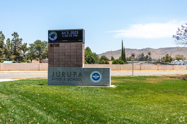 The signage at the entrance of Jurupa Middle School proudly displays its name.