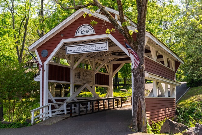 Skippack Village’s covered bridge is a historic landmark in Skippack Township.