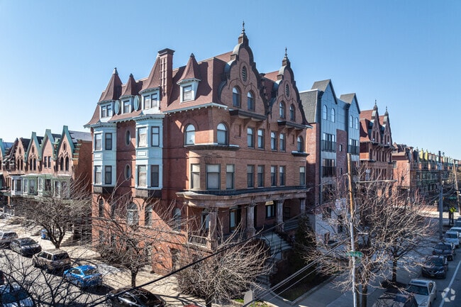 Five-story, European-style, brick homes are typical along this stretch in West Parkside.