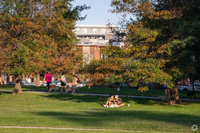 A couple sits in the sun on the grass adjacent to the Patterson Park dog park.