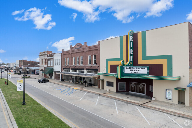 Historic brick buildings line Crowley's shopping district.