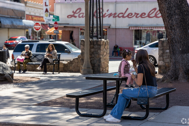All ages gather in Nogales Border Plaza for picnics under large shade trees.