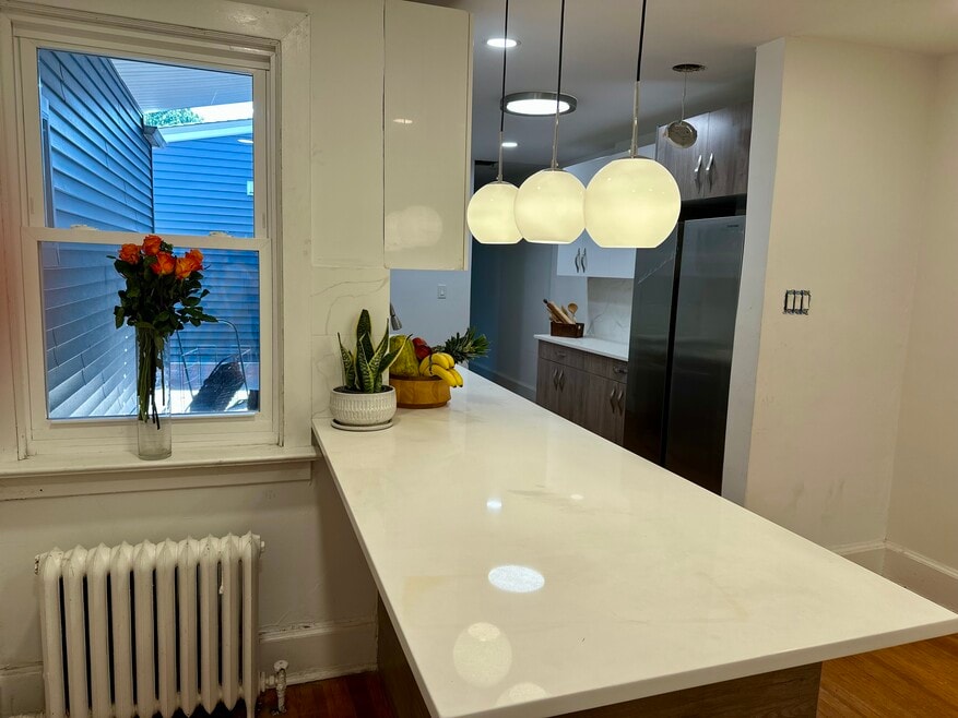 Newly renovated kitchen, stainless steel appliances, original wooden floor. generous storage