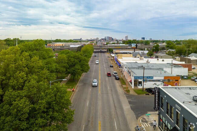 Bird's-eye view of Uptown Wichita looking toward Downtown Wichita.